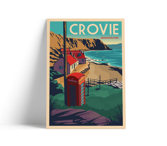 Crovie Travel Poster - Aberdeenshire - Scotland - Red Telephone Box