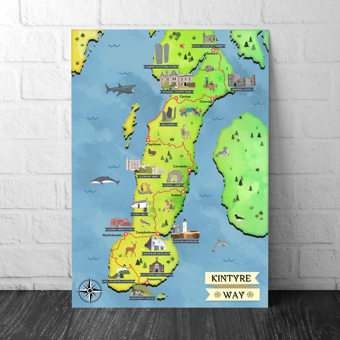 The Kintyre Way Walking Trail – Topographical Map - Scotland Poster Print - Tarbert - Claonaig - Clachan - Machrihanish