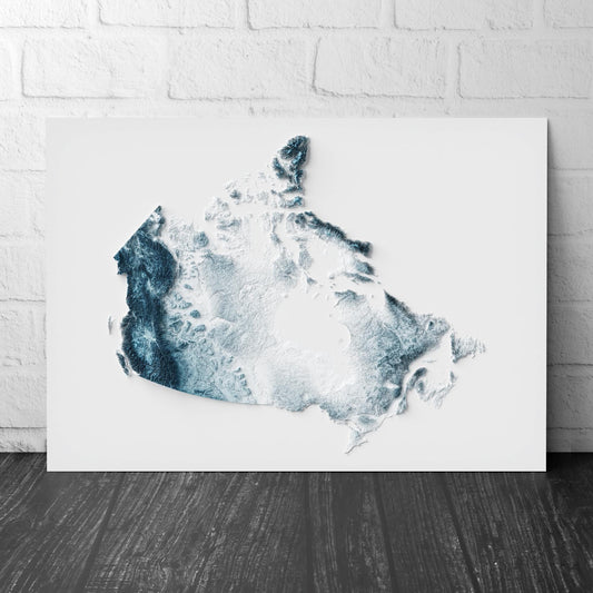 Canada Art Relief Map - 2D Blue and White Print - Canadian Geology - 2D Shaded Map