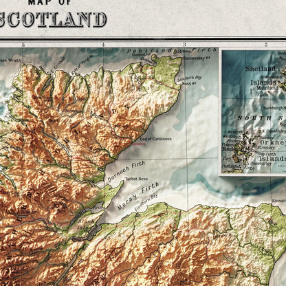 Scotland Bathy-orographical Map - Topographic Print - 1871 - 2D Poster - Geological Map - 1912