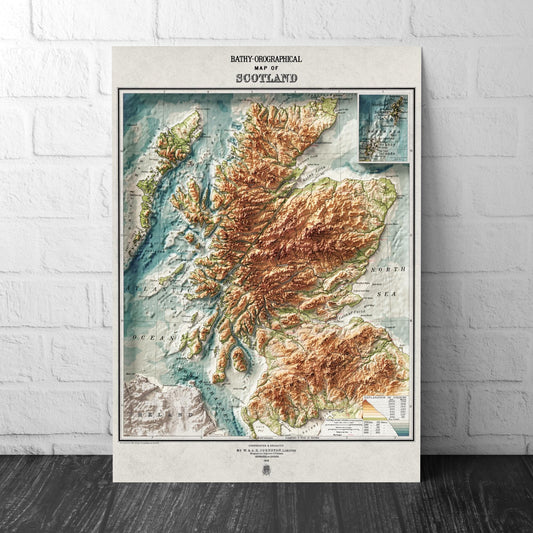 Scotland Bathy-orographical Map - Topographic Print - 1871 - 2D Poster - Geological Map - 1912