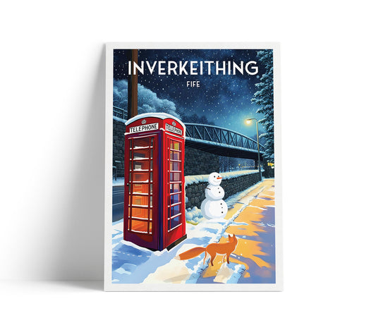 Inverkeithing Print - Fife Travel Poster - Red Telephone Box - WinterWonderland - Fox - - Scottish Wall Art