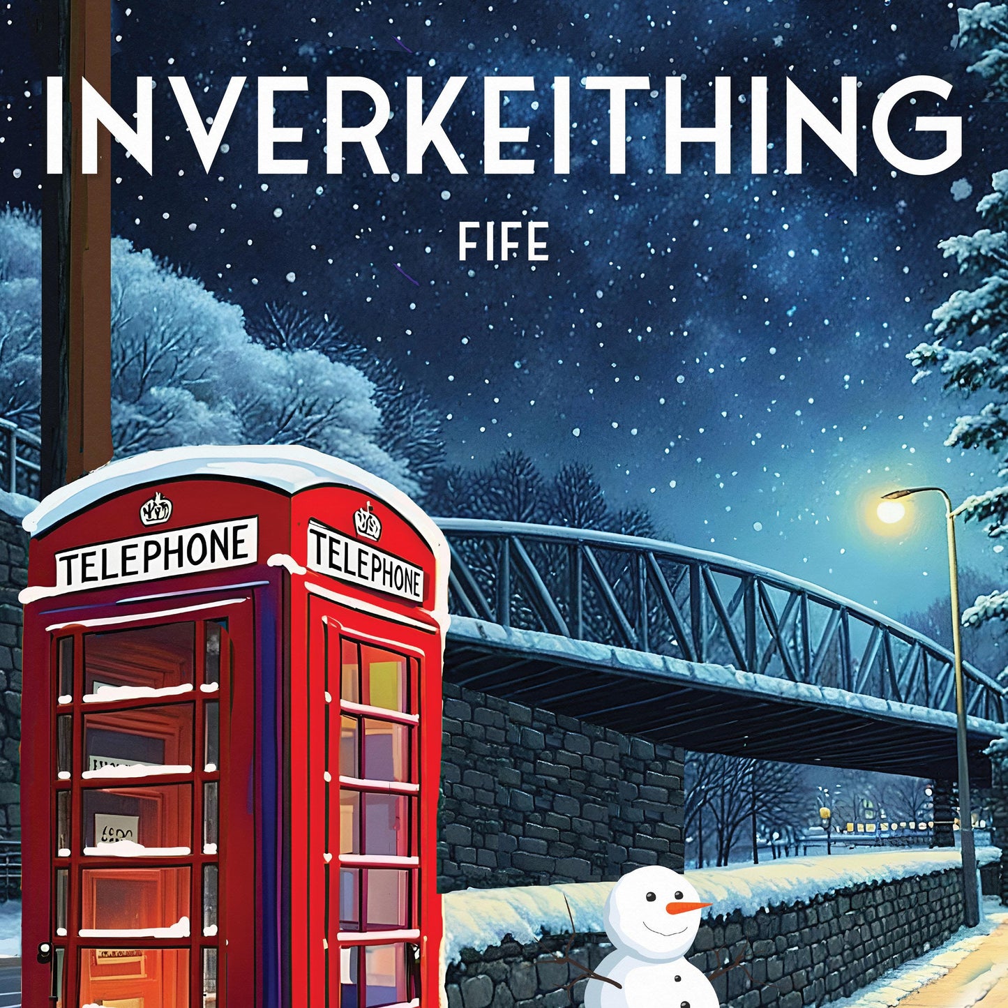Inverkeithing Print - Fife Travel Poster - Red Telephone Box - WinterWonderland - Fox - - Scottish Wall Art