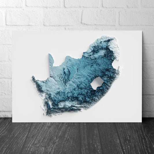 South Africa Art Relief Map - 2D Blue and White Print - African Geology - 2D Shaded Map