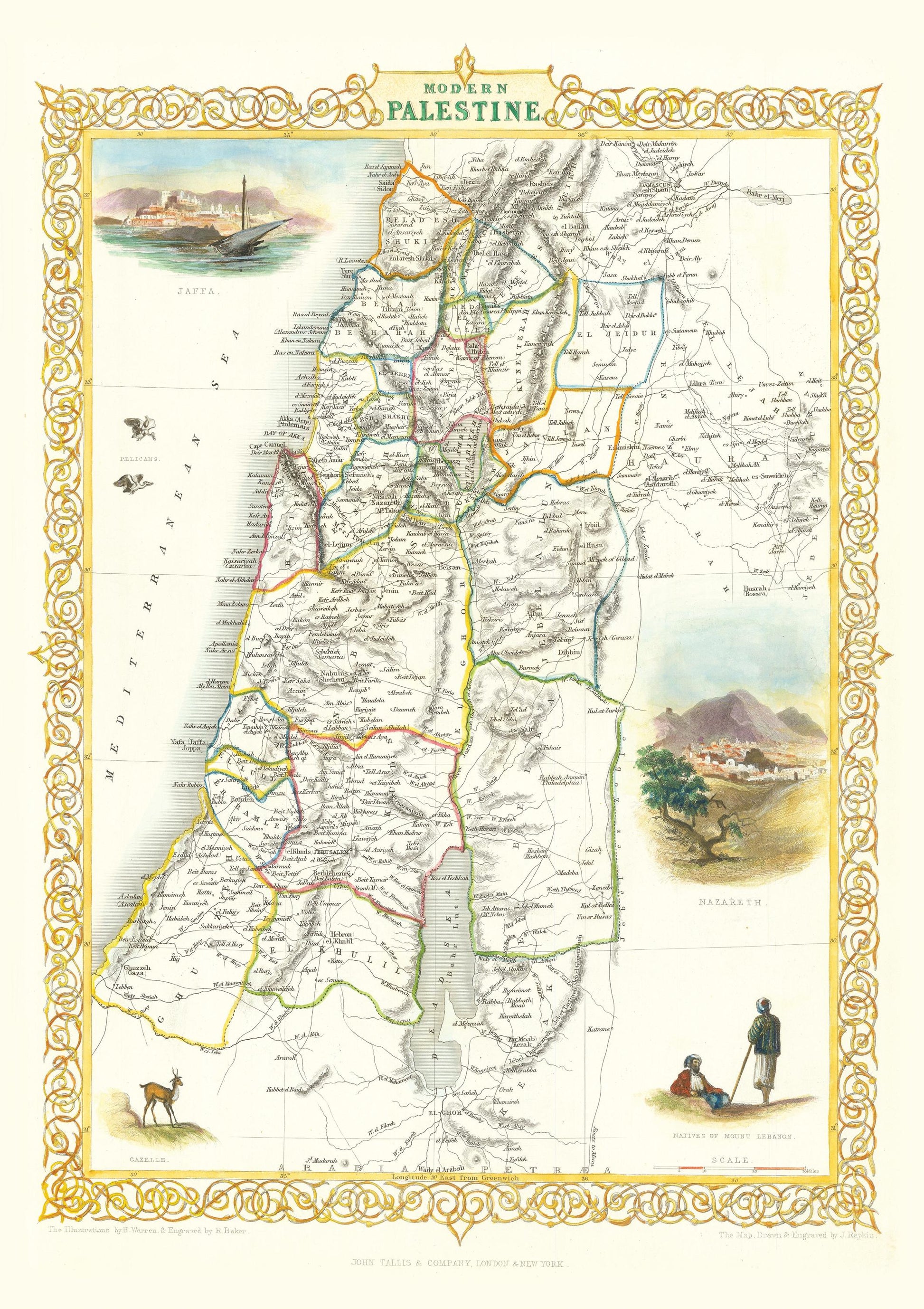 Modern Palestine Print - Jerusalem, Samaria, Galilee, West Bank, Gaza ,biblical Map, historic sites, Bible Study