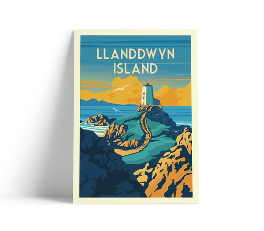 Twr Mawr Lighthouse Travel Poster – A4 Size – 180gsm Matt Poster Paper – Scenic Llanddwyn Island Art Print