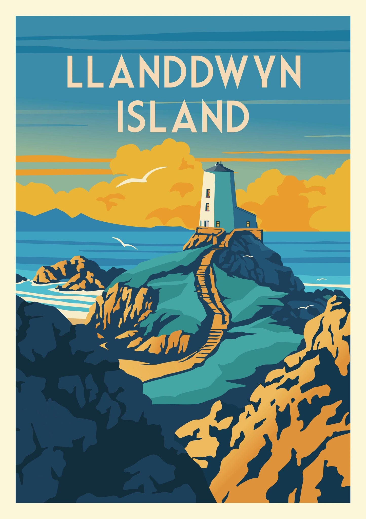 Twr Mawr Lighthouse Travel Poster – A4 Size – 180gsm Matt Poster Paper – Scenic Llanddwyn Island Art Print