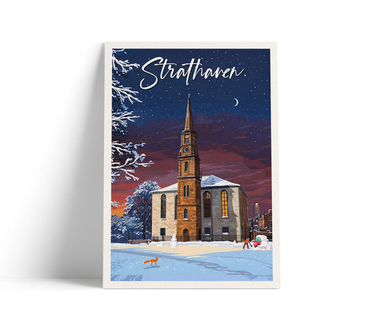 Strathaven Travel Poster – Old Church - Starry Winter's Evening - Fox - Snowman