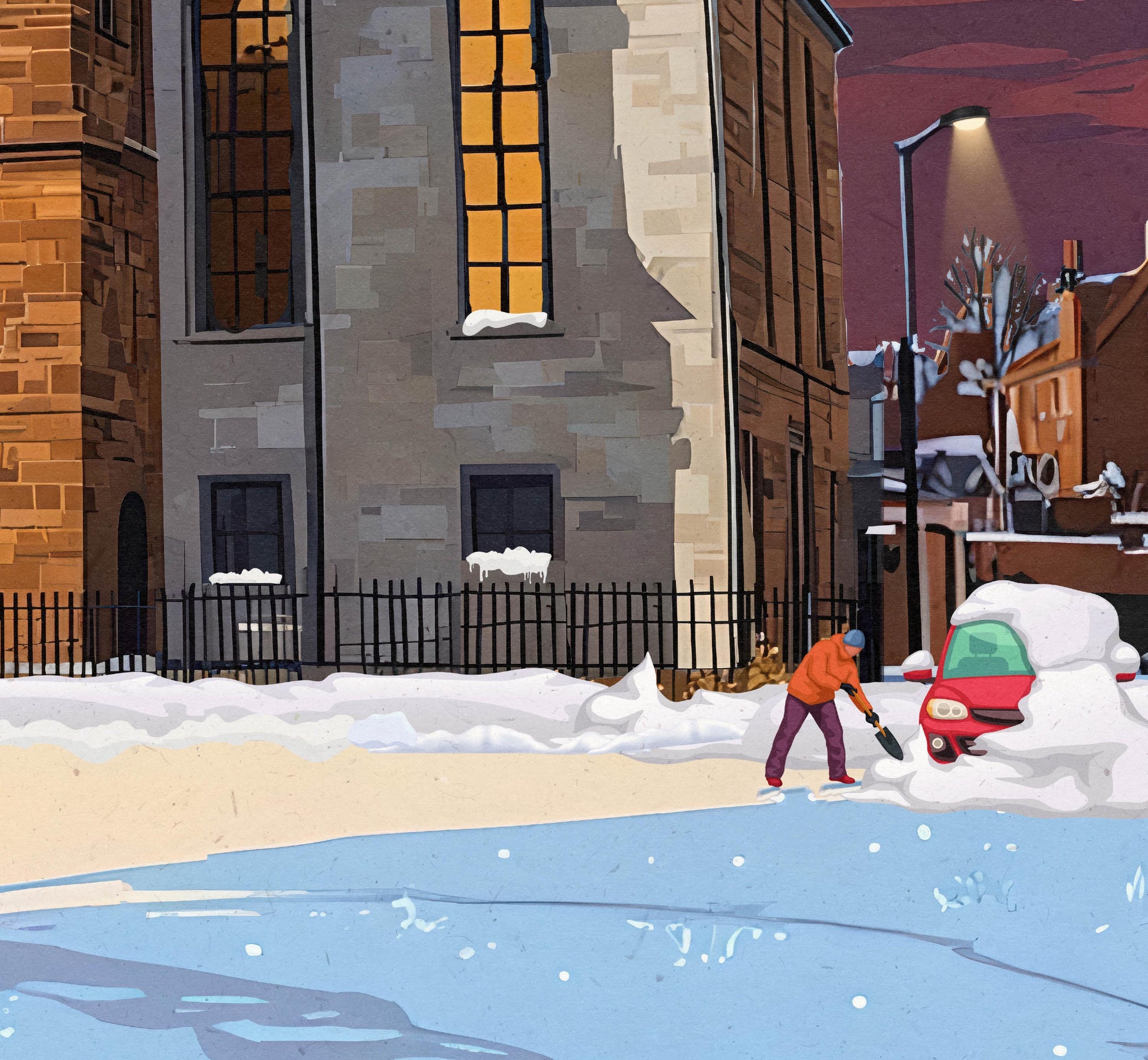 Strathaven Travel Poster – Old Church - Starry Winter's Evening - Fox - Snowman