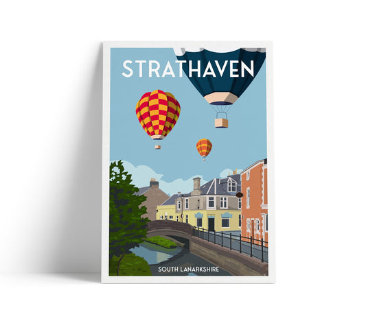 Strathaven Balloon Festival Print - Scottish Wall Art - Vintage looking retro travel poster, Hot Air Balloon Fiesta , South Lanarkshire