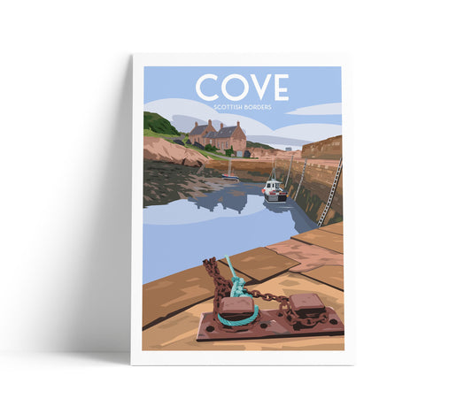 Cove Harbour Travel Poster, Scottish Borders – Coastal Wall Art Print (A4, A3, A2, A1)