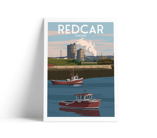 Redcar Travel Poster - Fishing Boats & Power Station Print