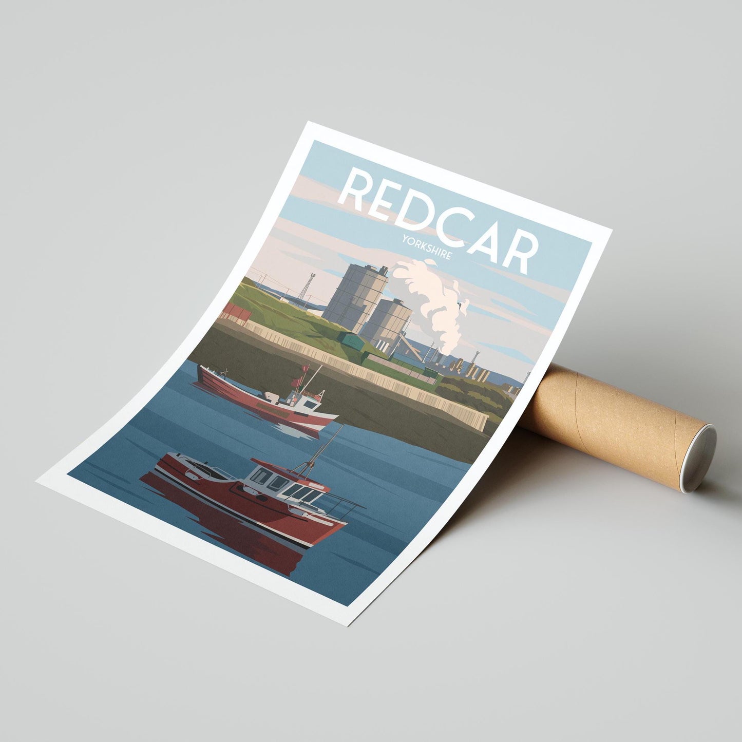 Redcar Travel Poster - Fishing Boats & Power Station Print