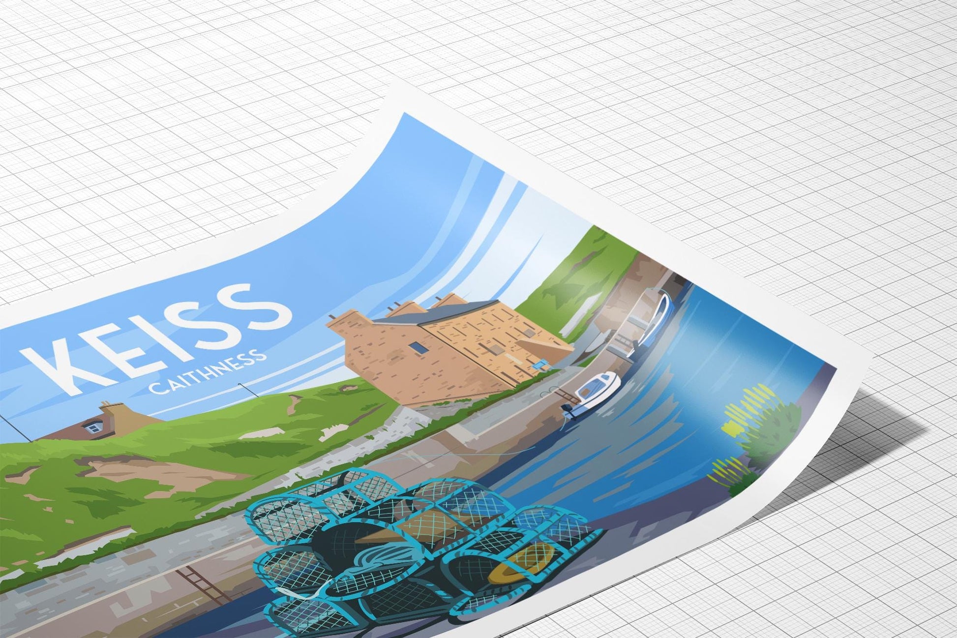 Keiss Travel Poster - Crab Creels at the Harbour | A4 & A3 Print - Caithness - Scotland