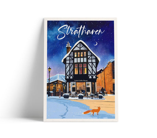 Strathaven Travel Poster – Tudor Coffee House on a Starry Winter's Evening