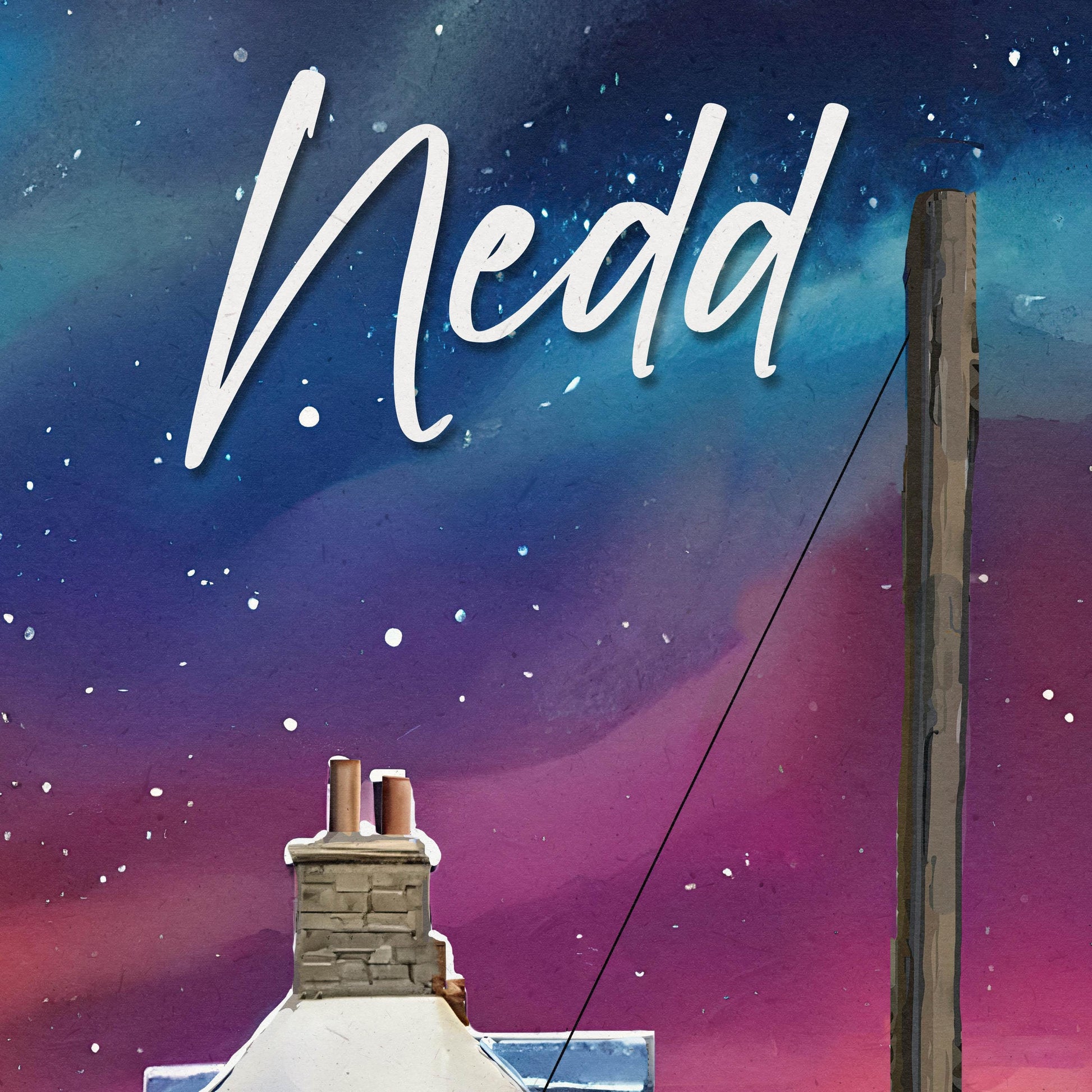 Nedd Travel Poster – Sheep & Red Telephone Booth on a Starry Winter Night – A4, A3, A2, A1