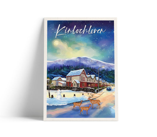 Kinlochleven Travel Poster – Deer on a Snowy Road with Highland Hills – A4, A3, A2, A1