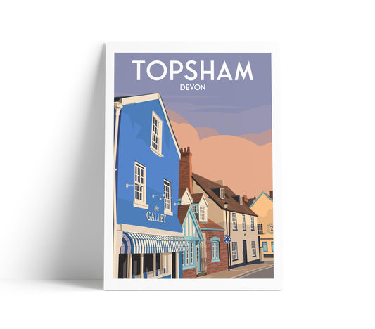 Topsham Travel Poster | Fore Street Print | Quaint Houses Wall Art | Devon Coastal Town Illustration | A4, A3, A2, A1