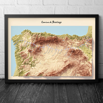 Camino de Santiago 3D Shaded Trail Map | Pilgrimage Route Wall Art | A3, A2, A1