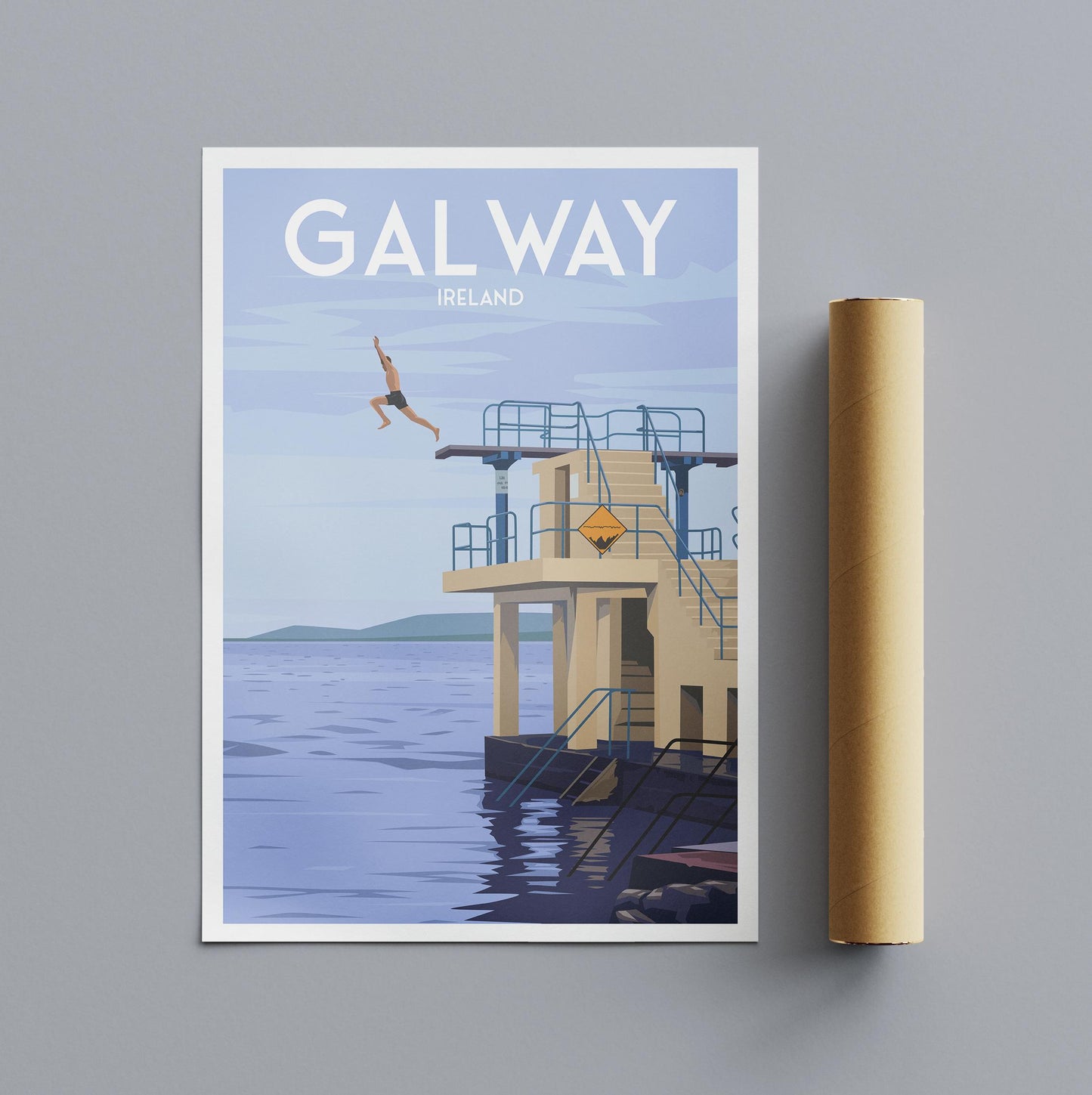 Galway, Ireland Travel Poster – Blackrock Diving Board & Diver – Vintage-Style Wall Art (A4, A3, A2, A1)