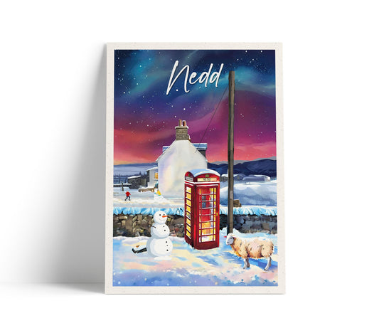 Nedd Travel Poster – Sheep & Red Telephone Booth on a Starry Winter Night – A4, A3, A2, A1