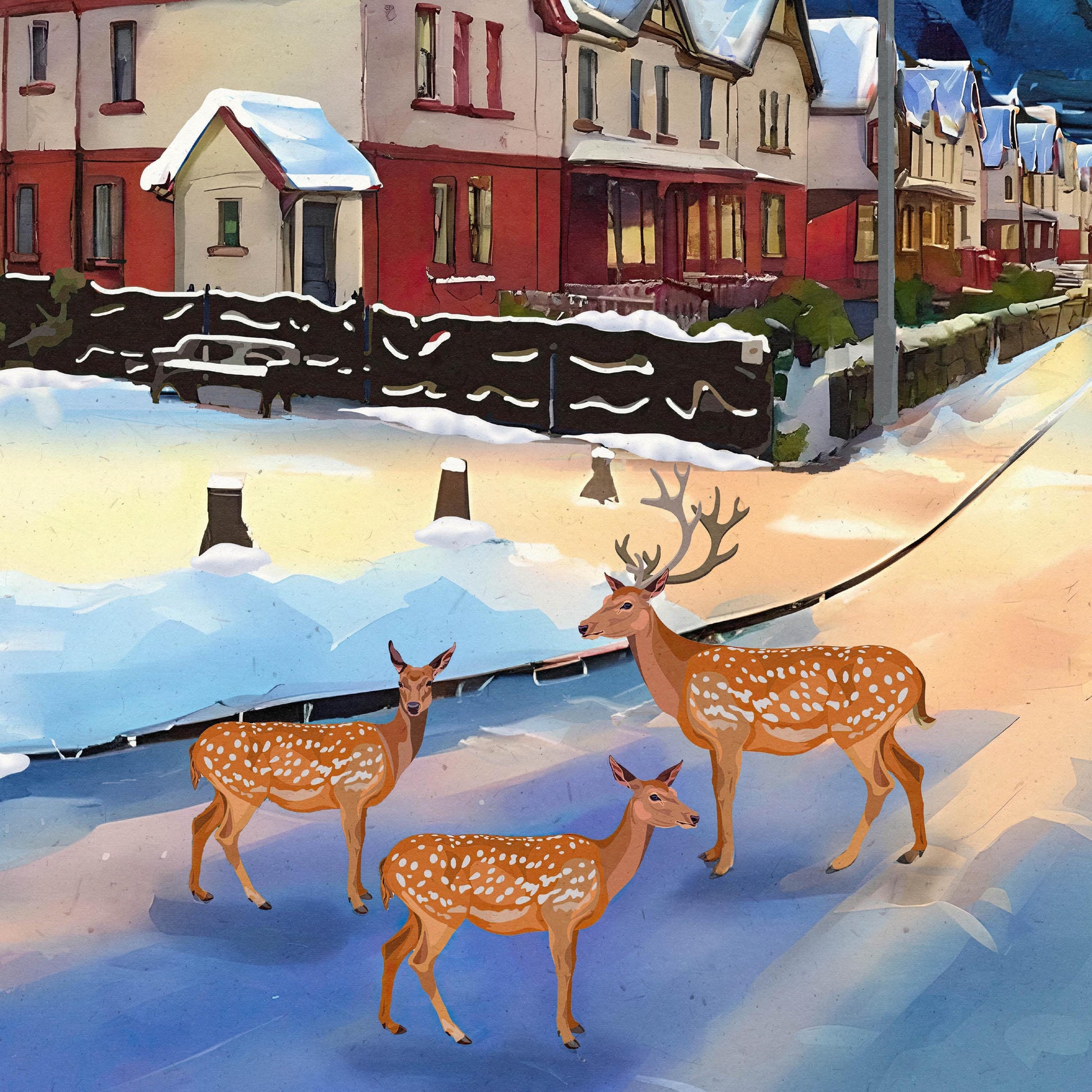 Kinlochleven Travel Poster – Deer on a Snowy Road with Highland Hills – A4, A3, A2, A1