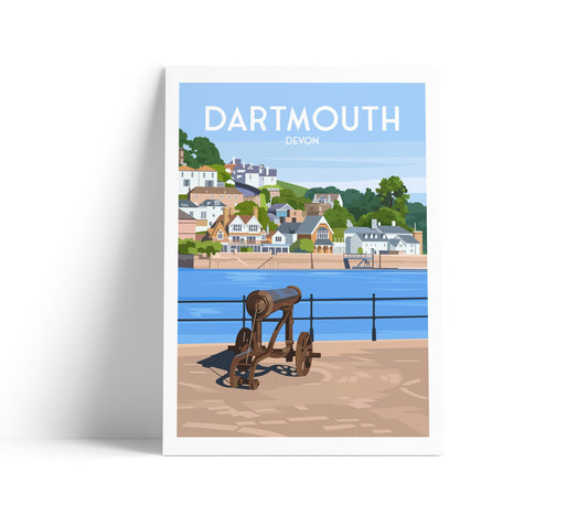 Dartmouth Travel Poster – Devon Wall Art Print Featuring Cannon at the Harbour | Coastal Town Illustration