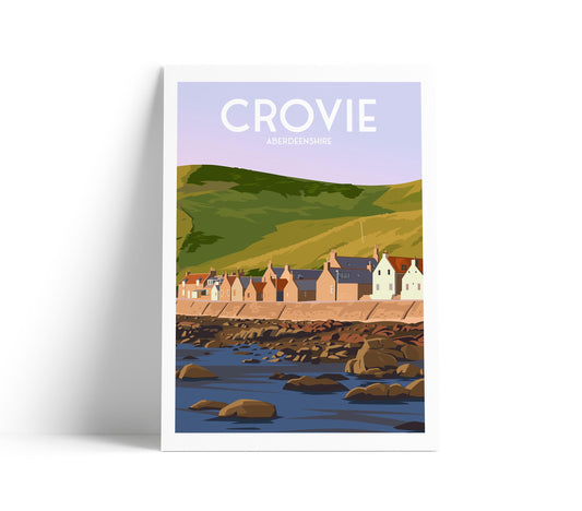 Crovie Travel Poster – Coastal Village Wall Art Print | Aberdeenshire, Scotland Illustration with Cliffside View