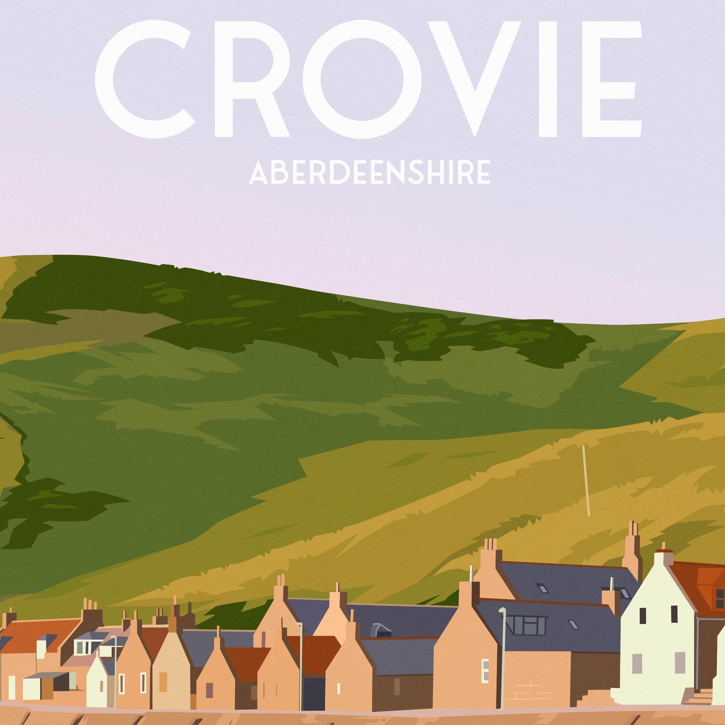 Crovie Travel Poster – Coastal Village Wall Art Print | Aberdeenshire, Scotland Illustration with Cliffside View