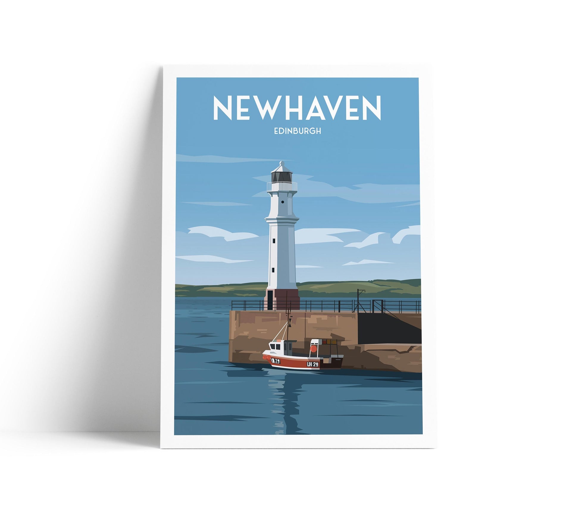 Newhaven Travel Poster – Fishing Boat & Lighthouse | Coastal Wall Art | Scotland Print