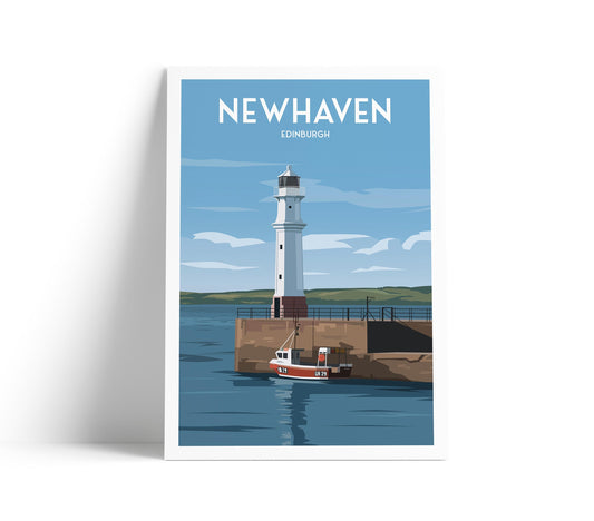 Newhaven Travel Poster – Fishing Boat & Lighthouse | Coastal Wall Art | Scotland Print