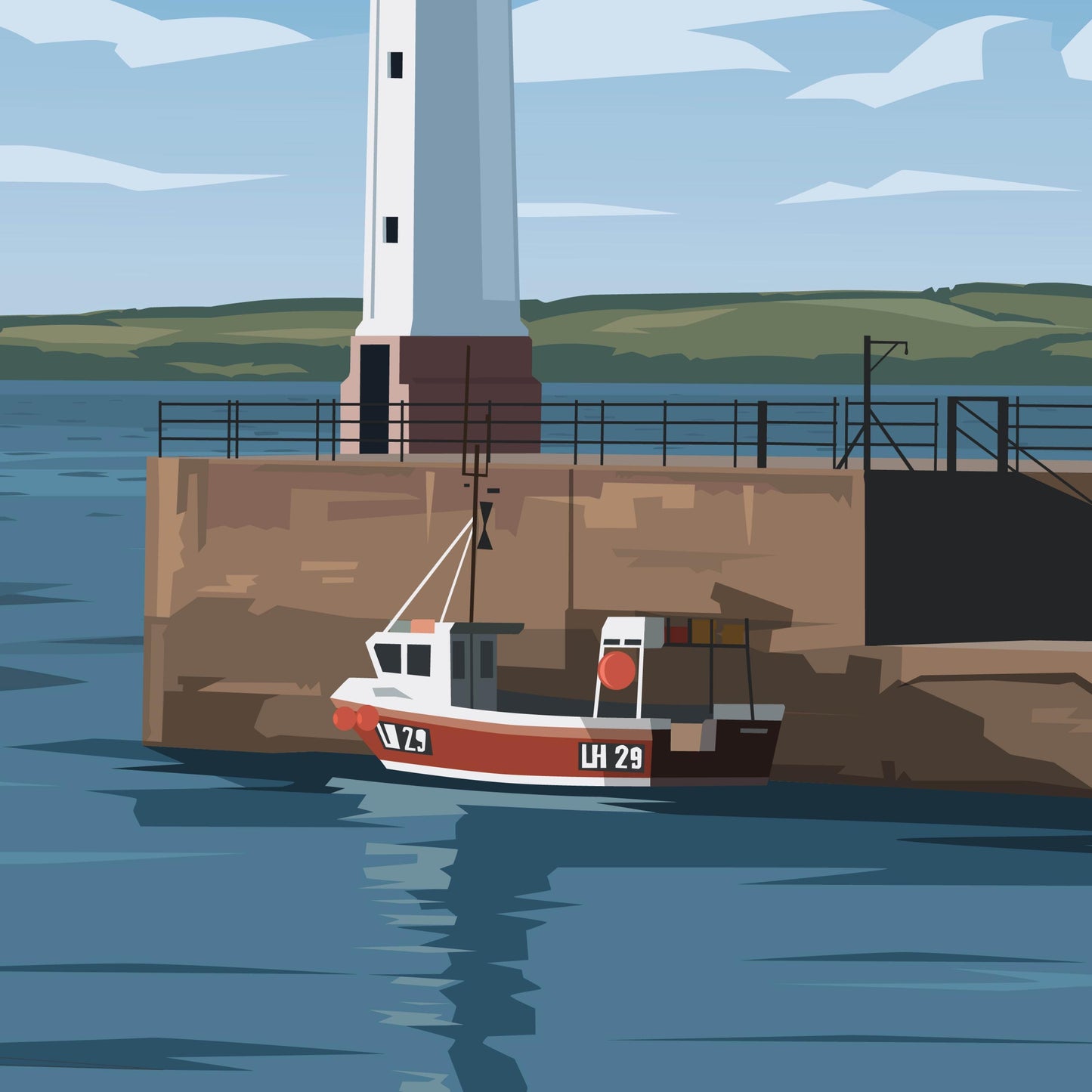 Newhaven Travel Poster – Fishing Boat & Lighthouse | Coastal Wall Art | Scotland Print