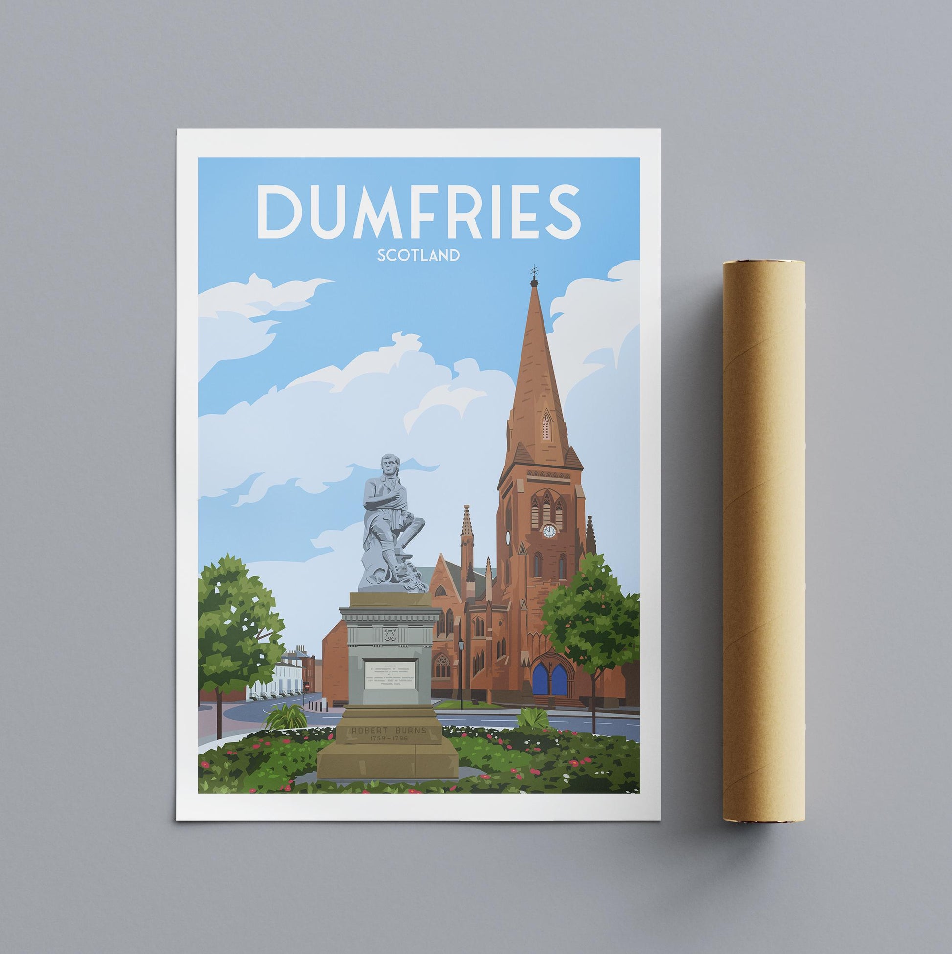 Dumfries Travel Poster | Robert Burns Statue Art Print | A4 to A1 Sizes | Matt or Satin Finish