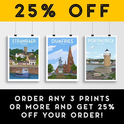 Dumfries Travel Poster | Robert Burns Statue Art Print | A4 to A1 Sizes | Matt or Satin Finish