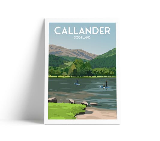 Callander Print - Scottish Travel Poster - Loch Lubnaig - Perthshire - Paddle Boarding