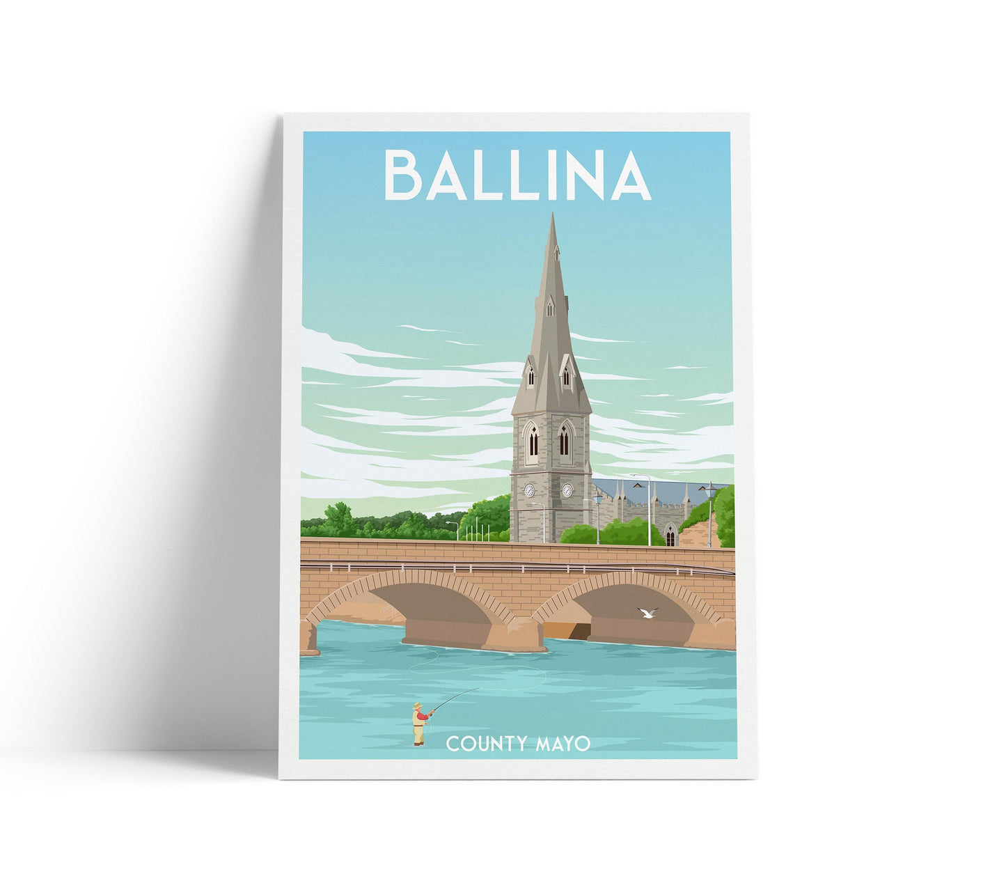 Ballina, Ireland Travel Poster – Fly Fisherman on River Moy with St. Muredach's Cathedral – Vintage-Style Wall Art (A4, A3, A2, A1)