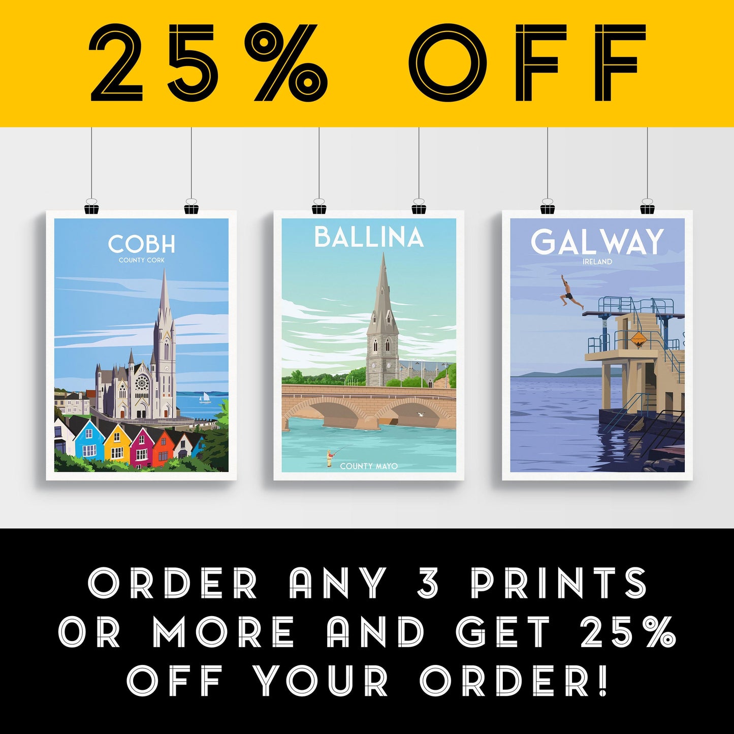 Ballina, Ireland Travel Poster – Fly Fisherman on River Moy with St. Muredach's Cathedral – Vintage-Style Wall Art (A4, A3, A2, A1)