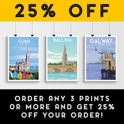 Ballina, Ireland Travel Poster – Fly Fisherman on River Moy with St. Muredach's Cathedral – Vintage-Style Wall Art (A4, A3, A2, A1)