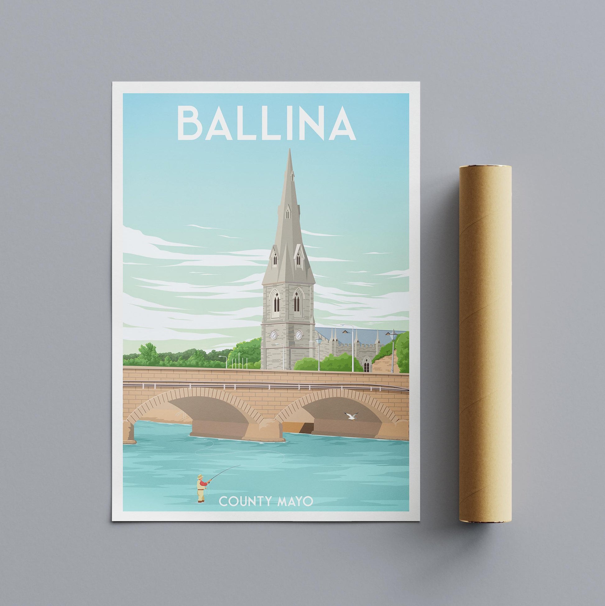 Ballina, Ireland Travel Poster – Fly Fisherman on River Moy with St. Muredach's Cathedral – Vintage-Style Wall Art (A4, A3, A2, A1)