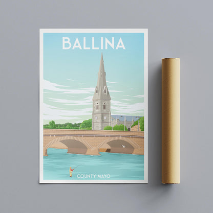 Ballina, Ireland Travel Poster – Fly Fisherman on River Moy with St. Muredach's Cathedral – Vintage-Style Wall Art (A4, A3, A2, A1)