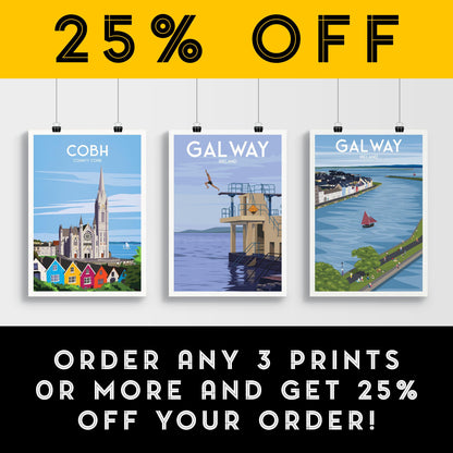 Galway, Ireland Travel Poster – Blackrock Diving Board & Diver – Vintage-Style Wall Art (A4, A3, A2, A1)