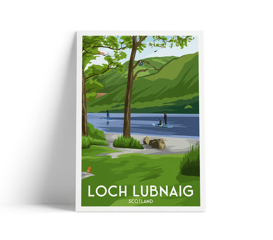 Loch Lubnaig Travel Poster | Scottish Paddleboarding Wall Art | Loch Scene Print | A4 A3 A2 A1 | Matt or Satin Finish
