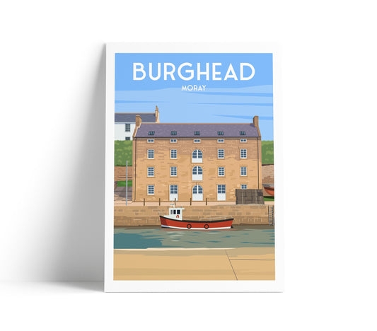 Burghead Harbour Travel Poster – Scottish Coastal Wall Art Print | Moray Firth Illustration