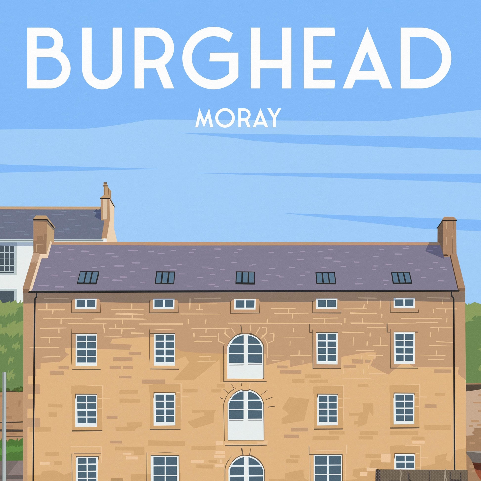 Burghead Harbour Travel Poster – Scottish Coastal Wall Art Print | Moray Firth Illustration