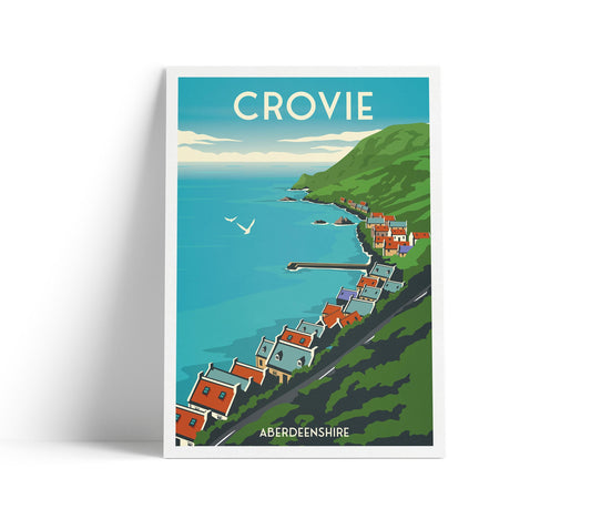 Crovie Travel Poster – Coastal Village Wall Art Print | Aberdeenshire, Scotland Illustration with Cliffside View