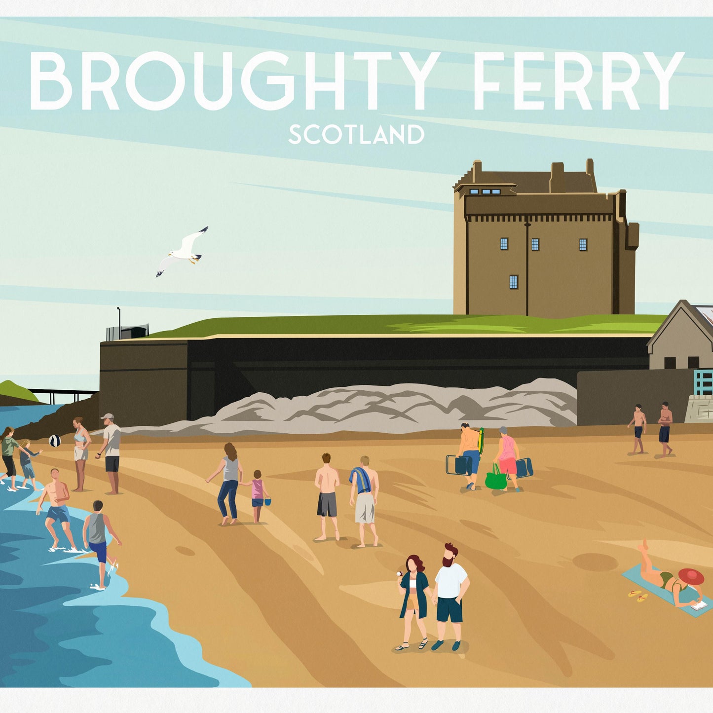 Broughty Ferry Travel Poster | Scotland Beach & Castle Wall Art | A4 to A1 Sizes | Matt or Satin Finish