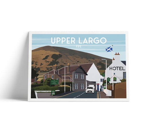 Upper Largo Travel Poster, Fife Wall Art Print – Scottish Village Artwork Featuring The Upper Largo Hotel and Largo Law