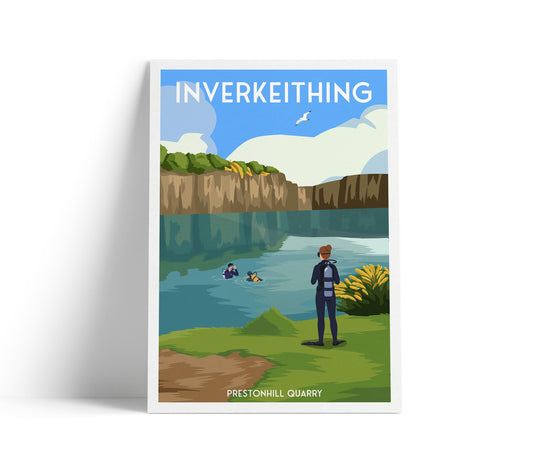 Inverkeithing Travel Poster | Scuba Diver at Prestonhill Quarry | A4–A1 Sizes | Matte or Satin Finish
