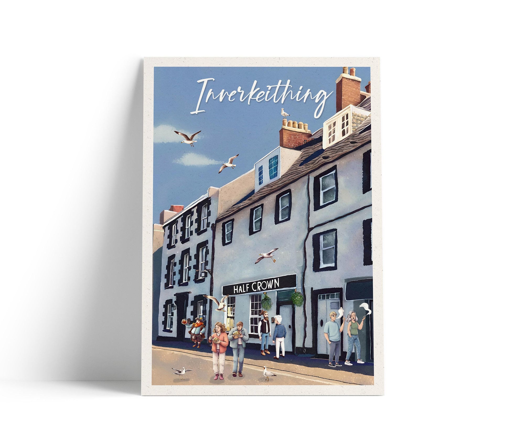Whimsical Inverkeithing Poster | Featuring The Half Crown Pub | Unique Scotland Art Print | A4–A1 Sizes