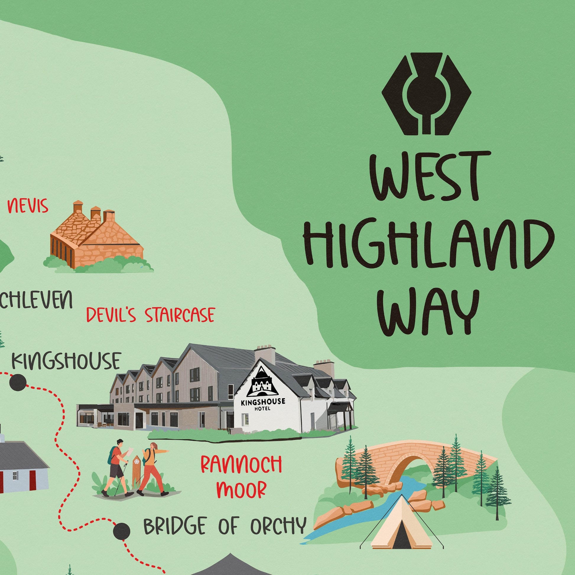 West Highland Way Map | Milngavie to Fort William | Scottish Trails | Drymen - Rowardennan - Inverarnan - Kingshouse - Glencoe - Ben Nevis